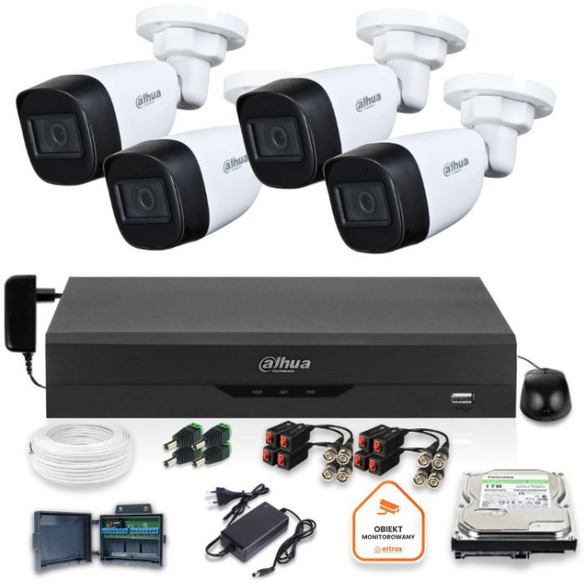 Zestaw monitoringu Dahua 4 kamery tubowe 5Mpx Dysk 1TB Zestaw monitoringu Dahua 4 kamery tubowe 5Mpx Dysk 1TB