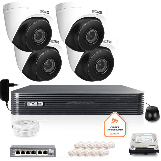 Zestaw monitoringu IP BCS Basic 4x Kamera BCS-B-EIP45VSR3(2.0) Rejestrator z dyskiem 1TB Zestaw monitoringu IP BCS Basic 4x Kamera BCS-B-EIP45VSR3(2.0) Rejestrator z dyskiem 1TB