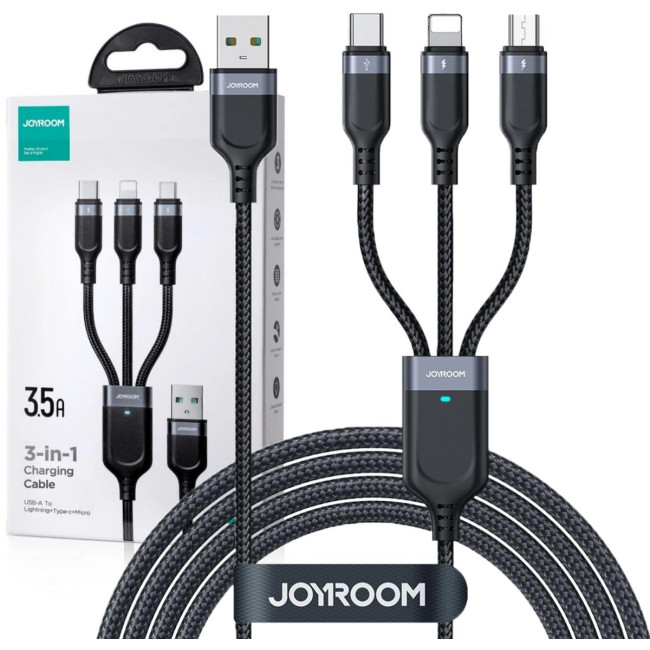 Kabel 3w1 USB-A / USB-C micro-USB Lightning Joyroom S-1T3018A18 30cm 3.5A w oplocie czarny Kabel 3w1 USB-A / USB-C micro-USB Lightning Joyroom S-1T3018A18 30cm 3.5A w oplocie czarny