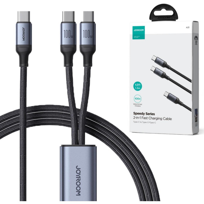 Kabel 2w1 USB-C / 2x USB-C Joyroom Speedy SA21-1T2 150cm 100W w oplocie czarny Kabel 2w1 USB-C / 2x USB-C Joyroom Speedy SA21-1T2 150cm 100W w oplocie czarny