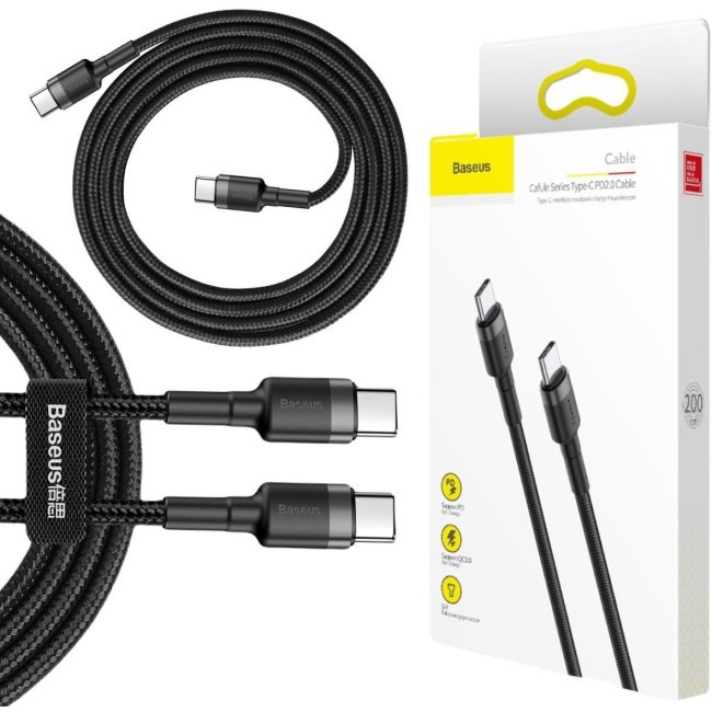 KABEL USB-C / USB-C Baseus Cafule CATKLF-HG1 200cm 60W 3A PD 2.0 QC 3.0 CZARNO-SZARY W OPLOCIE KABEL USB-C / USB-C Baseus Cafule CATKLF-HG1 200cm 60W 3A PD 2.0 QC 3.0 CZARNO-SZARY W OPLOCIE