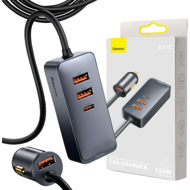 ŁADOWARKA SAMOCHODOWA NA PRZEWODZIE Baseus Share Together 120W 3A 3x USB-A 1x USB-C PD 20W QC 3.0 ŁADOWARKA SAMOCHODOWA NA PRZEWODZIE Baseus Share Together 120W 3A 3x USB-A 1x USB-C PD 20W QC 3.0