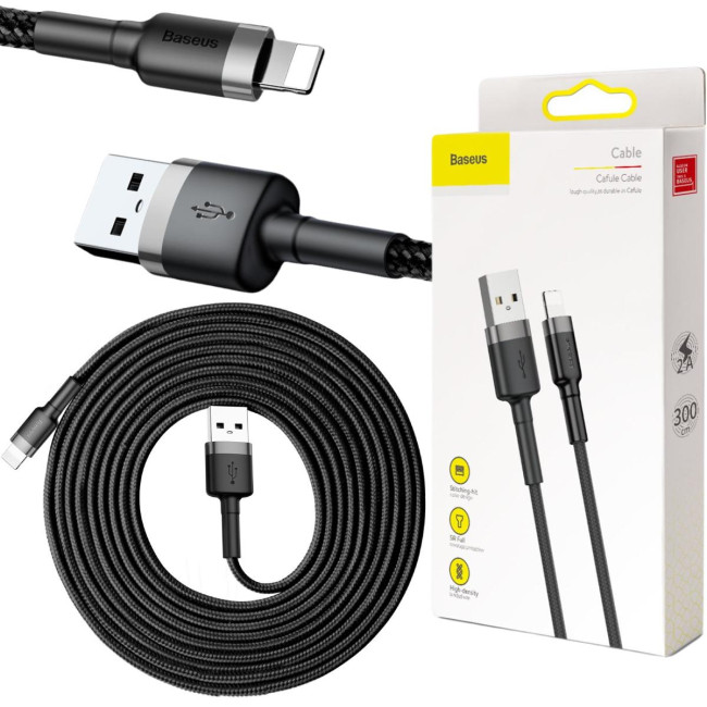 KABEL USB-A / Lightning iPhone Baseus Cafule CALKLF-RG1 300cm Apple 2A CZARNO-SZARY W OPLOCIE KABEL USB-A / Lightning iPhone Baseus Cafule CALKLF-RG1 300cm Apple 2A CZARNO-SZARY W OPLOCIE