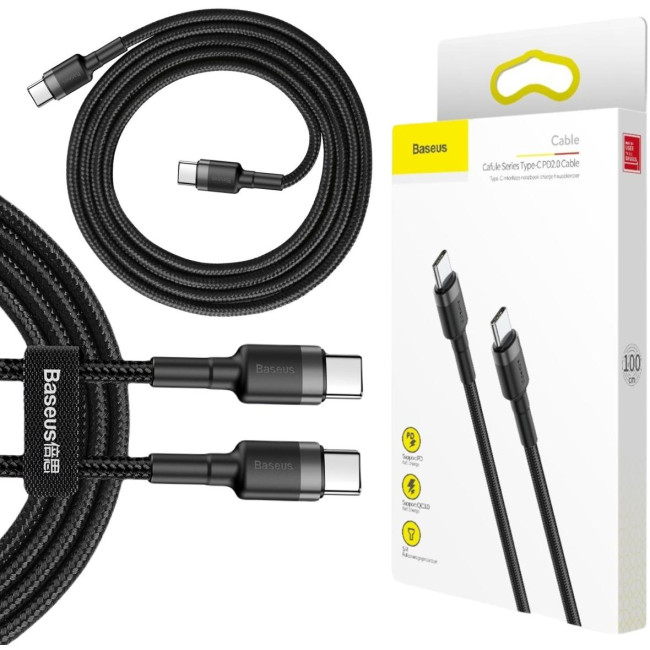 KABEL USB-C / USB-C Baseus Cafule CATKLF-GG1 100cm 60W 3A PD 2.0 QC 3.0 CZARNO-SZARY W OPLOCIE KABEL USB-C / USB-C Baseus Cafule CATKLF-GG1 100cm 60W 3A PD 2.0 QC 3.0 CZARNO-SZARY W OPLOCIE