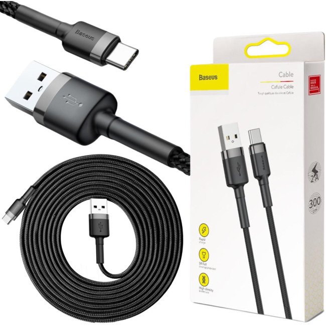 KABEL USB-A / USB-C Baseus Cafule CATKLF-UG1 300cm 3A QC 3.0 CZARNO-SZARY W NYLONOWYM OPLOCIE KABEL USB-A / USB-C Baseus Cafule CATKLF-UG1 300cm 3A QC 3.0 CZARNO-SZARY W NYLONOWYM OPLOCIE