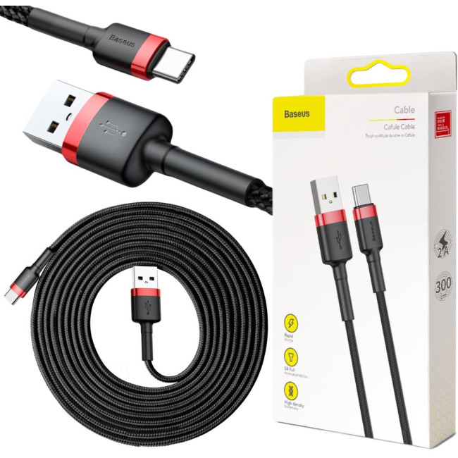 KABEL USB-A / USB-C Baseus Cafule CATKLF-U91 300cm 2A QC 3.0 CZARNO-CZERWONY W OPLOCIE KABEL USB-A / USB-C Baseus Cafule CATKLF-U91 300cm 2A QC 3.0 CZARNO-CZERWONY W OPLOCIE