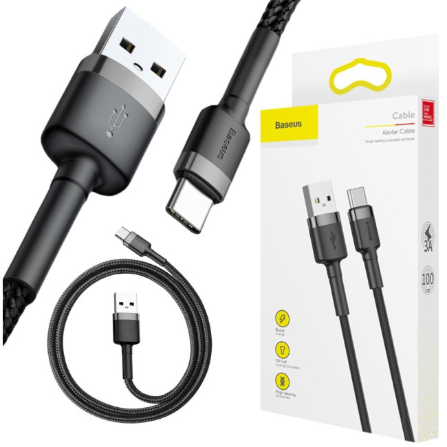 KABEL USB-A / USB-C Baseus Cafule CATKLF-BG1 100cm 3A QC 3.0 CZARNO-SZARY W NYLONOWYM OPLOCIE KABEL USB-A / USB-C Baseus Cafule CATKLF-BG1 100cm 3A QC 3.0 CZARNO-SZARY W NYLONOWYM OPLOCIE