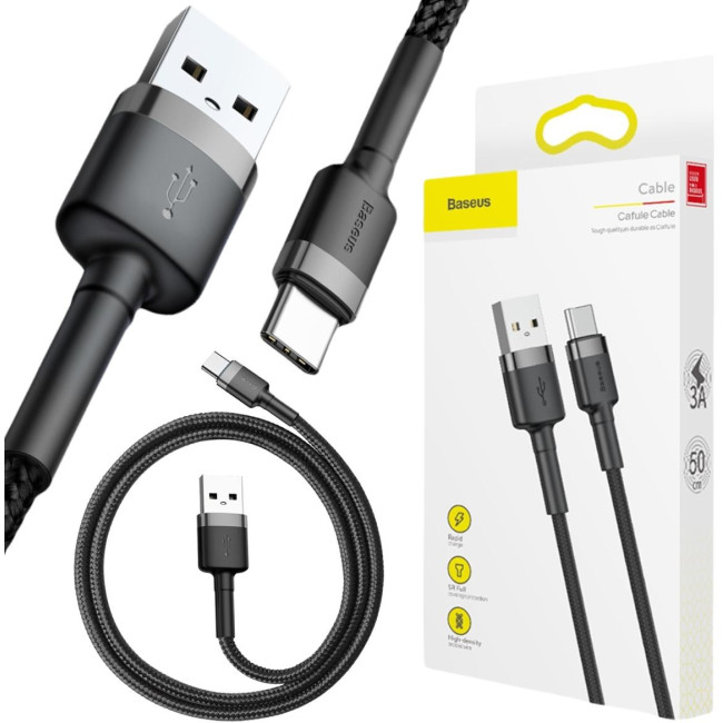 KABEL USB-A / USB-C Baseus Cafule CATKLF-AG1 50cm 3A QC 3.0 CZARNO-SZARY W NYLONOWYM OPLOCIE KABEL USB-A / USB-C Baseus Cafule CATKLF-AG1 50cm 3A QC 3.0 CZARNO-SZARY W NYLONOWYM OPLOCIE
