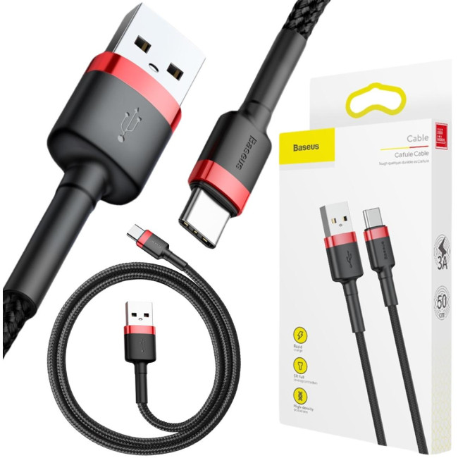 KABEL USB-A / USB-C Baseus Cafule CATKLF-A91 50cm 3A QC 3.0 CZARNO-CZERWONY W OPLOCIE KABEL USB-A / USB-C Baseus Cafule CATKLF-A91 50cm 3A QC 3.0 CZARNO-CZERWONY W OPLOCIE