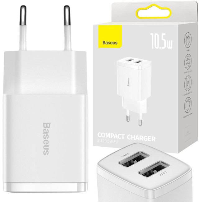 ŁADOWARKA SIECIOWA Baseus Compact Charger CCXJ010202 10.5W 2x USB-A BIAŁA ŁADOWARKA SIECIOWA Baseus Compact Charger CCXJ010202 10.5W 2x USB-A BIAŁA