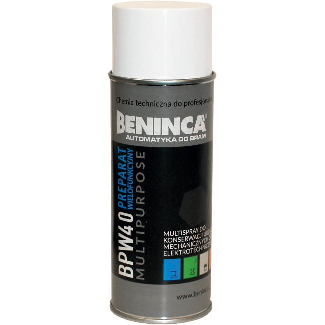 CHEMIA: Preparat wielofunkcyjny Beninca BPW40 400ml do bram/automatyki/napędów CHEMIA: Preparat wielofunkcyjny Beninca BPW40 400ml do bram/automatyki/napędów