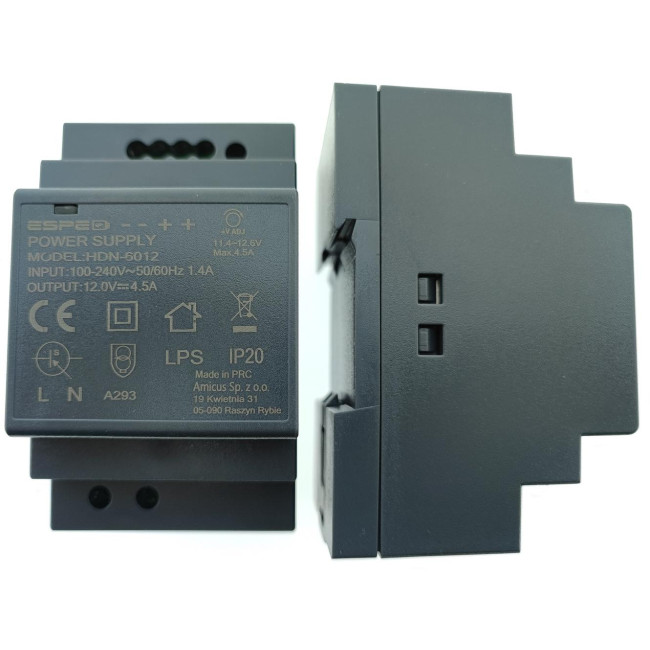 ZASILACZ IMPULSOWY NA SZYNĘ DIN ESPE HDN-6012 12V/54W/4.5A ZASILACZ IMPULSOWY NA SZYNĘ DIN ESPE HDN-6012 12V/54W/4.5A