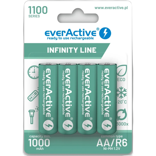 Akumulatorki AA / R06 Ni-MH everActive 1100mAh Infinity Line 3000 cykli (blister 4 szt.) Akumulatorki AA / R06 Ni-MH everActive 1100mAh Infinity Line 3000 cykli (blister 4 szt.)