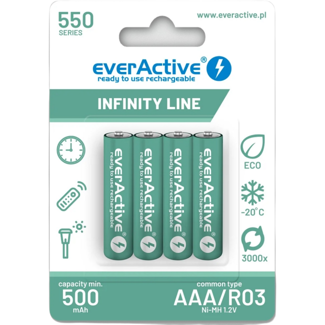 Akumulatorki AAA / R03 Ni-MH everActive 550mAh Infinity Line 3000 cykli (blister 4 szt.) Akumulatorki AAA / R03 Ni-MH everActive 550mAh Infinity Line 3000 cykli (blister 4 szt.)