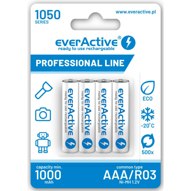 Akumulatorki AAA / R03 Ni-MH everActive 1050mAh (box 4 szt.) Akumulatorki AAA / R03 Ni-MH everActive 1050mAh (box 4 szt.)