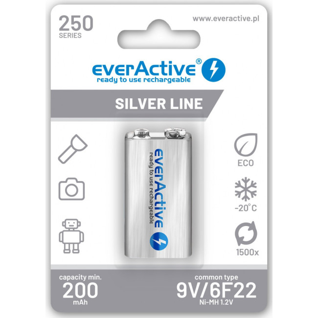 Akumulatorek 6F22 Ni-MH everActive 9V 250mAh Silver Line (1 szt.) Akumulatorek 6F22 Ni-MH everActive 9V 250mAh Silver Line (1 szt.)