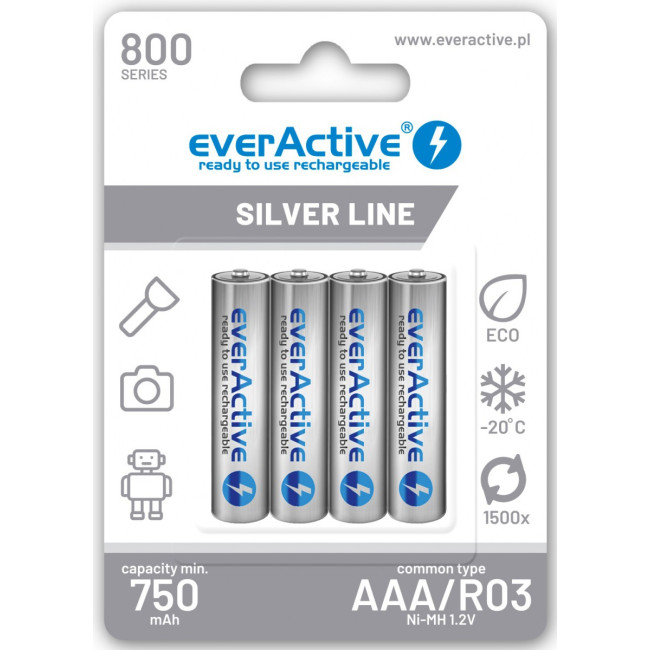 Akumulatorki AAA / R03 Ni-MH everActive 800mAh Silver Line (box 4 szt.) Akumulatorki AAA / R03 Ni-MH everActive 800mAh Silver Line (box 4 szt.)