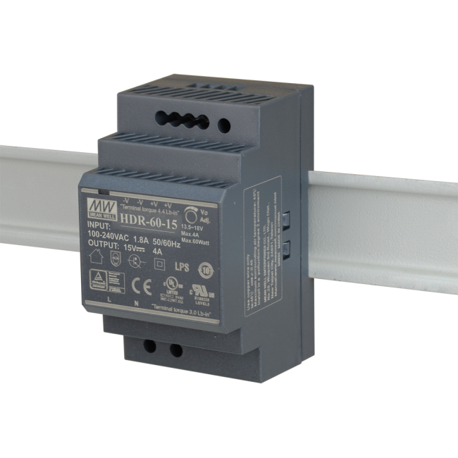 ZASILACZ IMPULSOWY NA SZYNĘ DIN MEAN WELL HDR-60-15 15V/60W/4A ZASILACZ IMPULSOWY NA SZYNĘ DIN MEAN WELL HDR-60-15 15V/60W/4A
